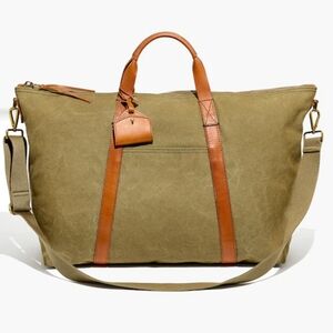 Madewell Essential Weekender Washed Canvas Bag, Army Gr./Brown Leather, EUC